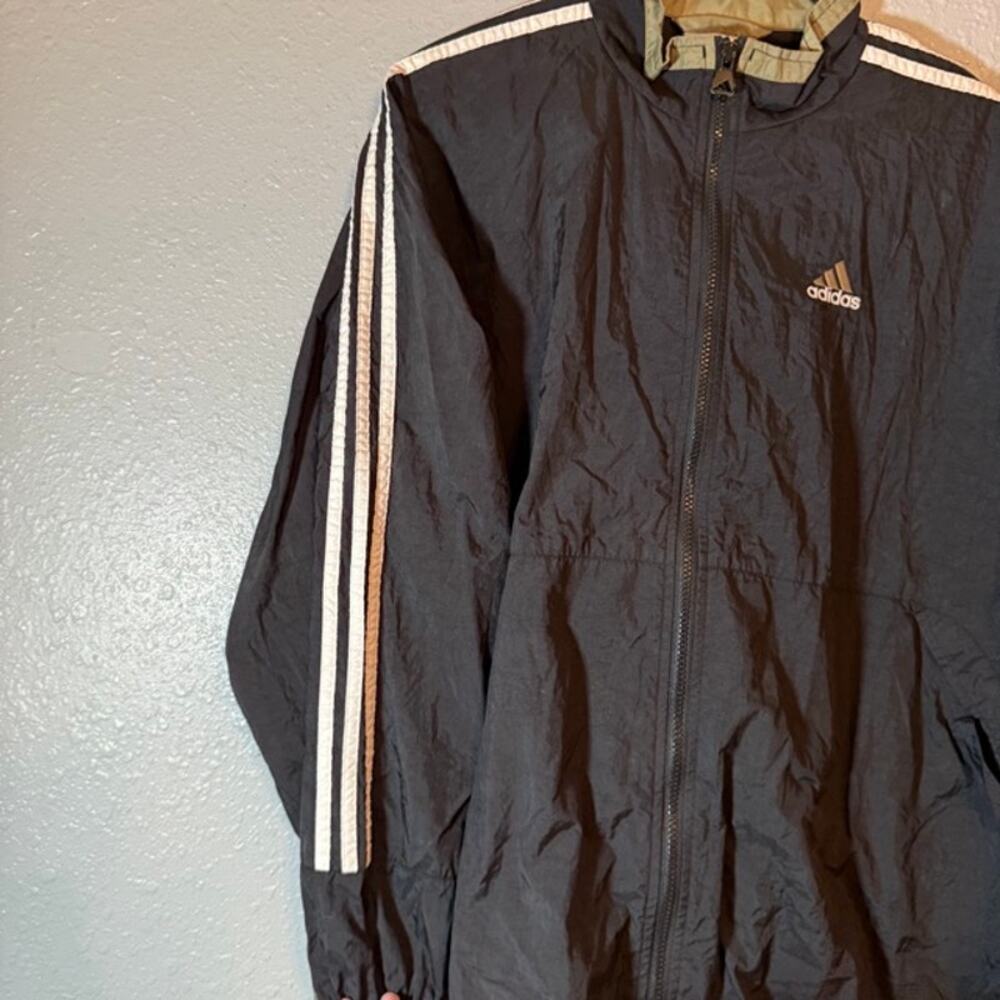 Adidas XL Vintage Gold Black Nylon Windbreaker Jacket White Stripes Zip - Picture 3 of 7